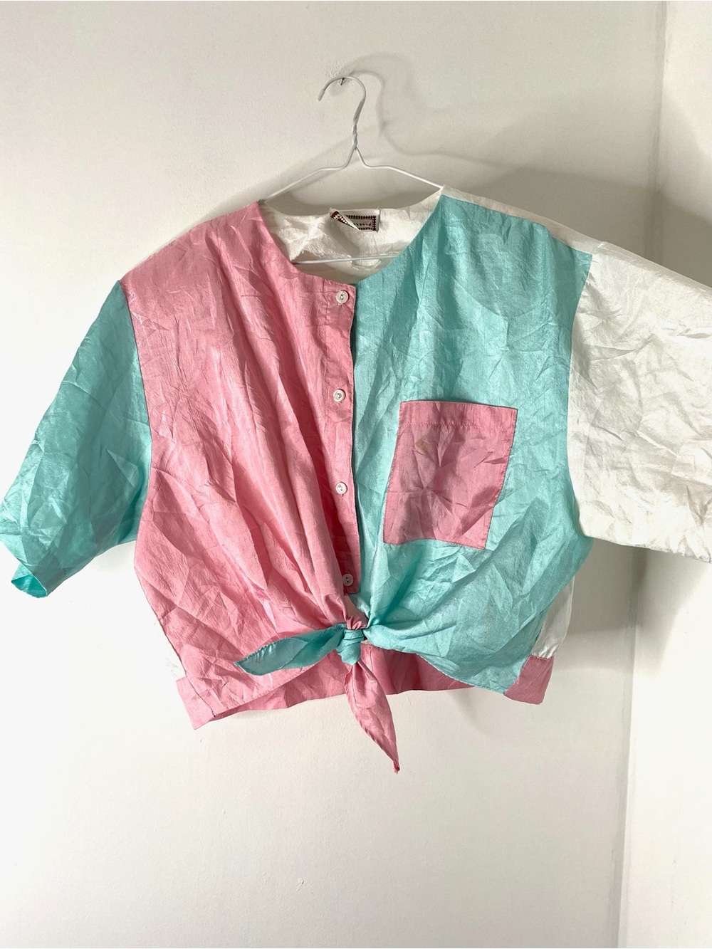 Vintage Color Block Tie Front Blouse Pastel Pink Aqua White Shoulder Pad Top 80s